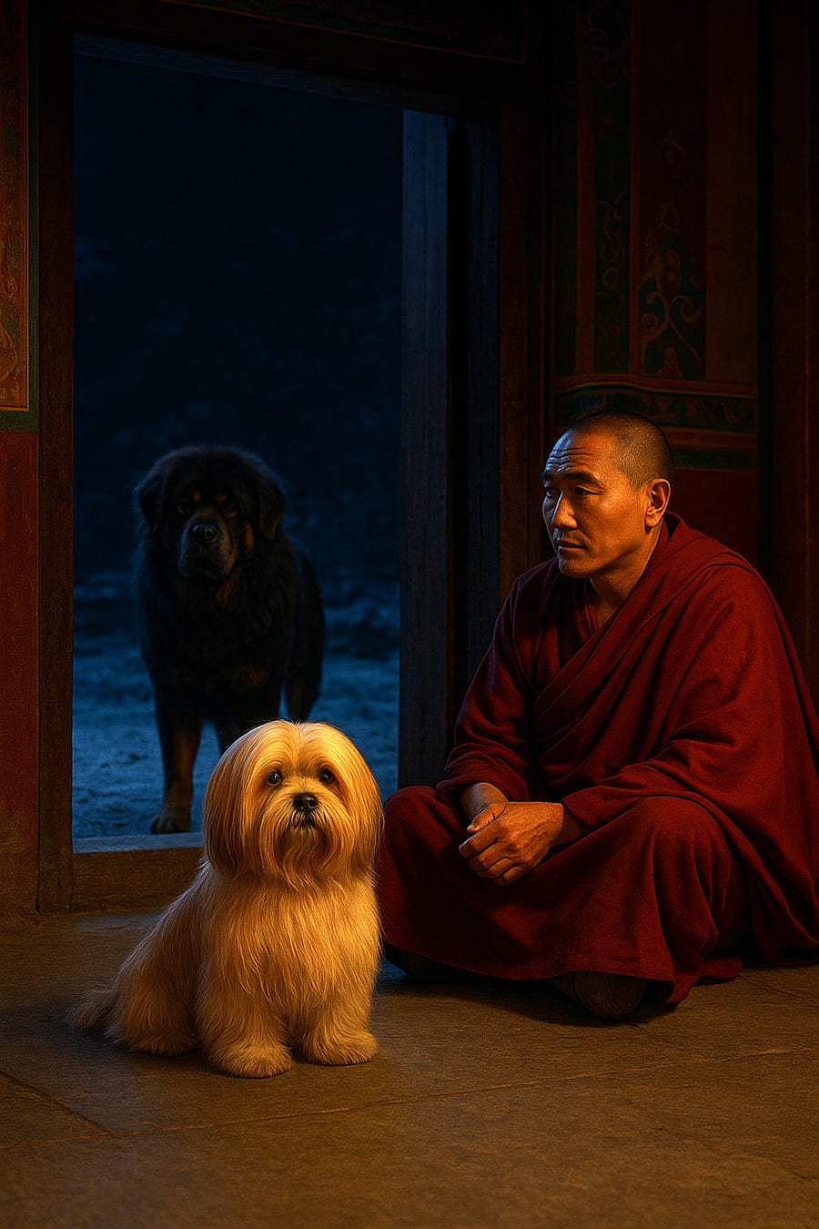 Perfil Canino - Mastiff e Lhasa com monge no Tibete