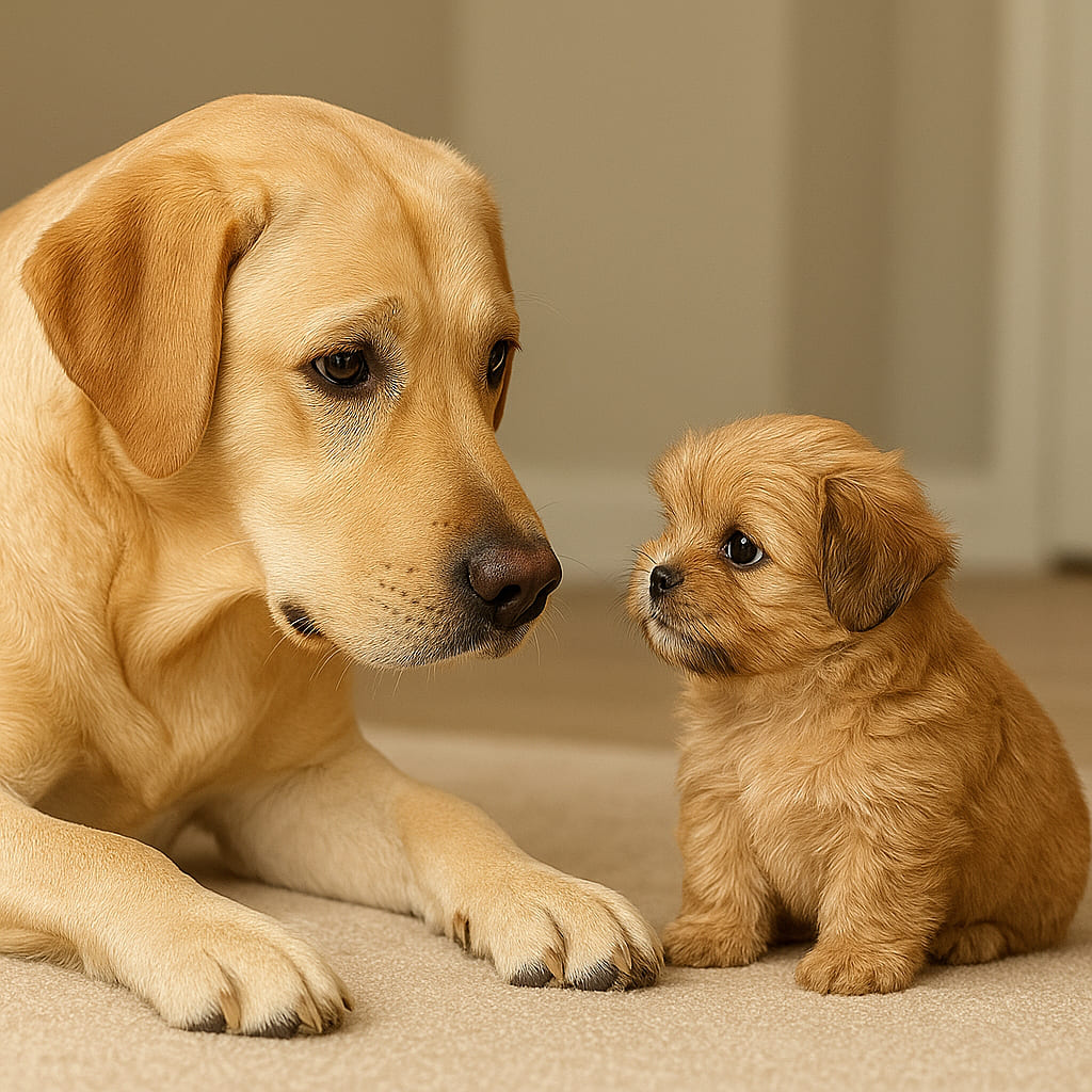 Perfil Canino - Labrador socia\lizando com filhote de Lhasa